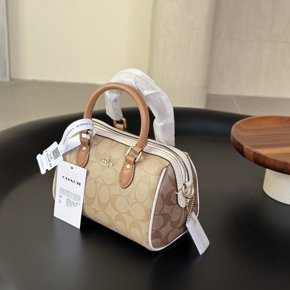 Coach Beige Signature Satchel with Tan Leather Handles and Gold Hardware - Picture 4 of 7